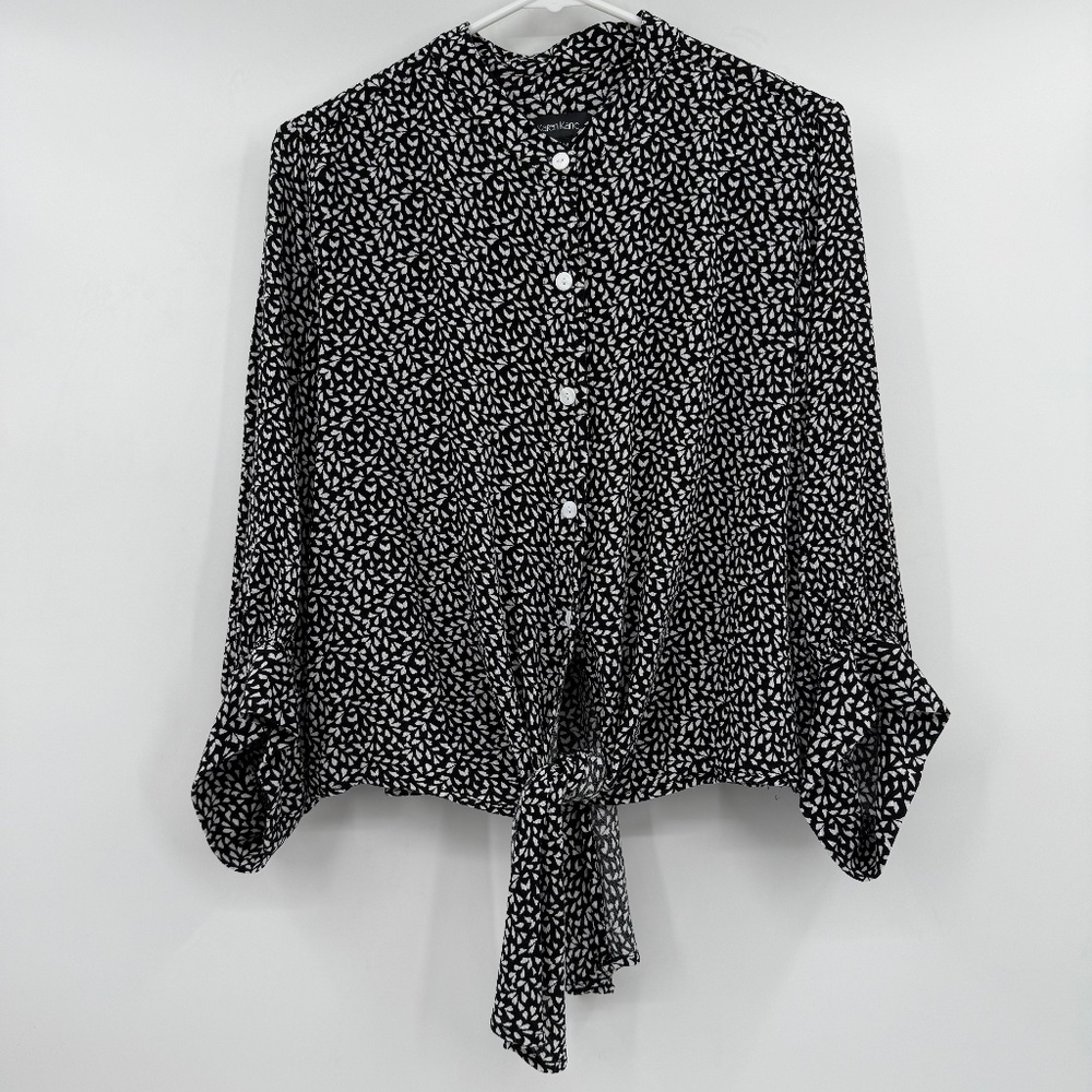 Karen Kane Top Women XL Black White Short Puff Sleeve Rayon Tie Front Button Up